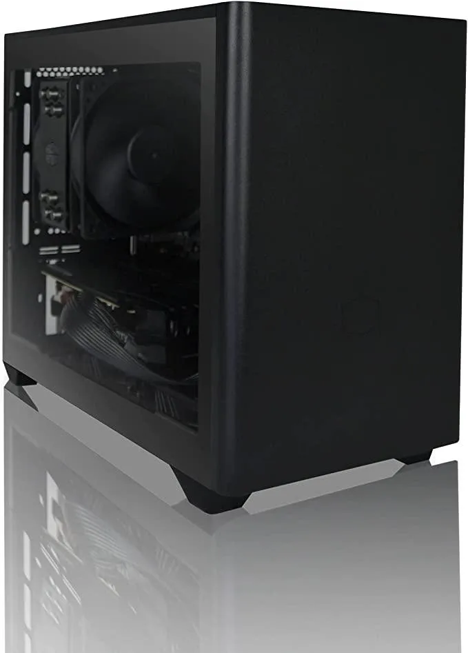Compact black Mini-ATX tower with ARGB fans visible through side panel