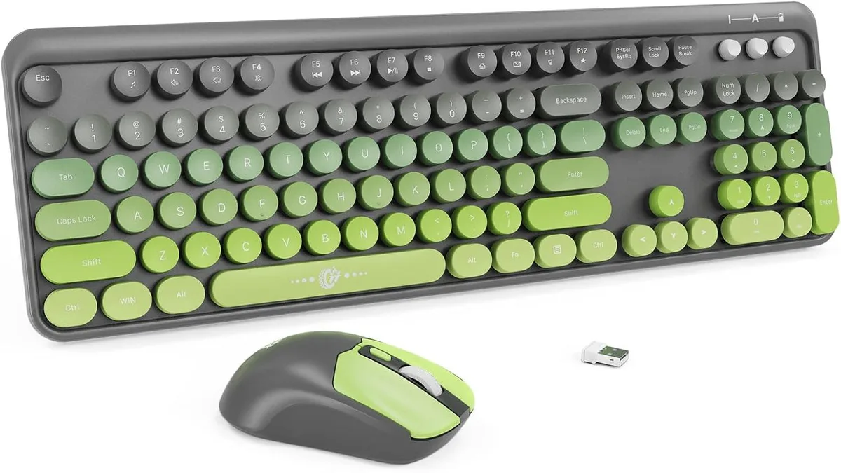 Gray-green wireless keyboard and mouse set with round retro keycaps