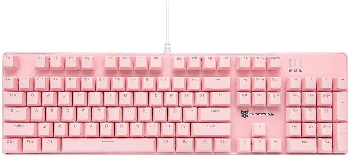 Pink full-size mechanical keyboard with 104 keys, blue switches, LED backlighting, hot-swappable design, US layout