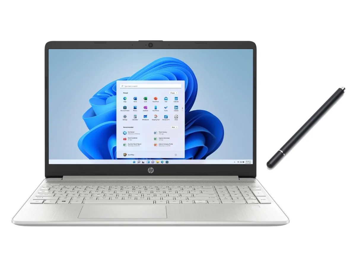 Silver 15.6 inch touchscreen laptop with stylus pen