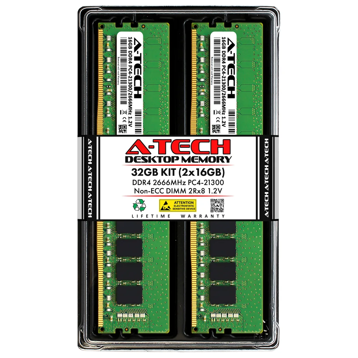 Two green 288-pin DDR4 DIMMs with black heatspreaders, 32GB kit