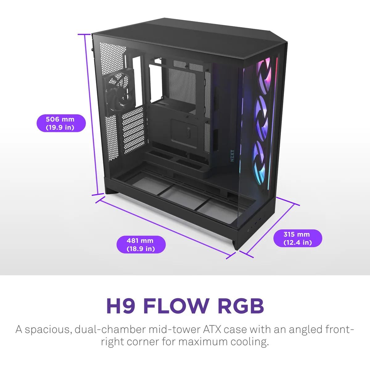 Black mid-tower case with wraparound tempered glass and perforated steel panels