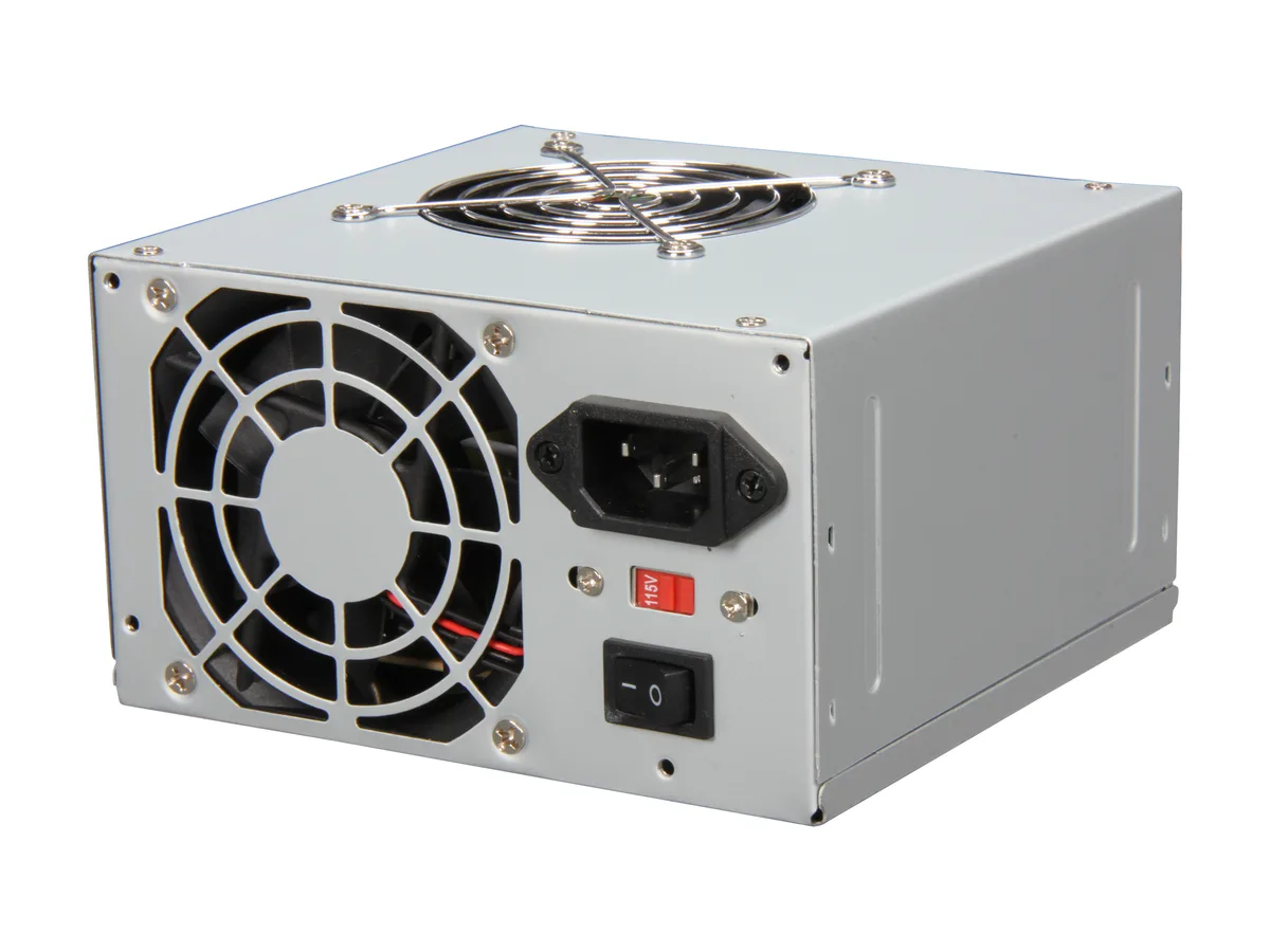 Silver rectangular ATX power supply with dual cooling fans and fixed cable bundle