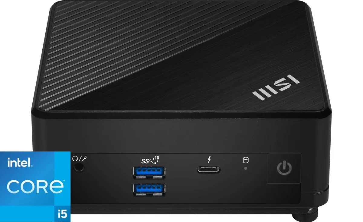Small black Mini PC desktop computer, compact square form factor with matte finish