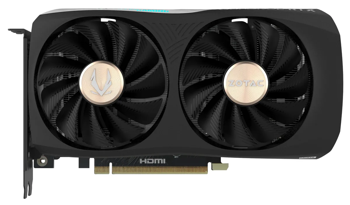 Black dual-fan graphics card with metal backplate and RGB lighting