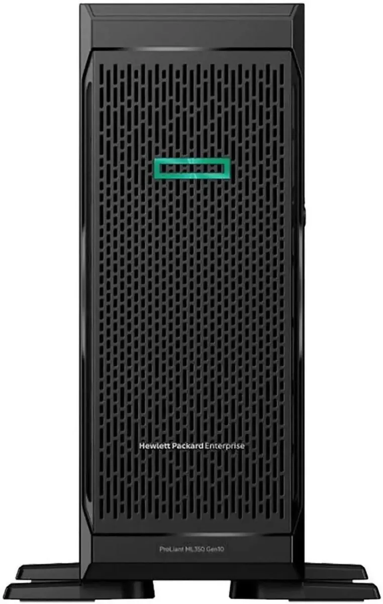 Tall silver tower server with front drive bays and redundant power supplies