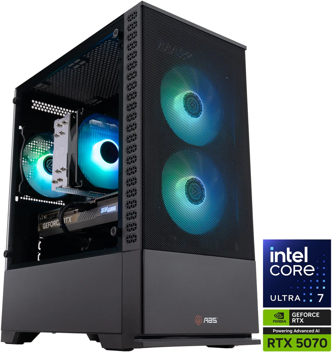 Black mid-tower gaming desktop with RGB memory visible