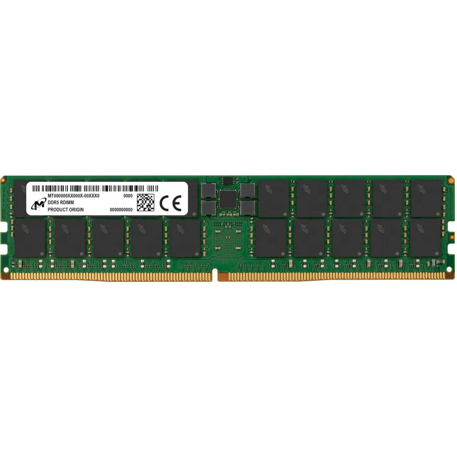 Green rectangular DDR5 DIMM with black chips and gold contacts