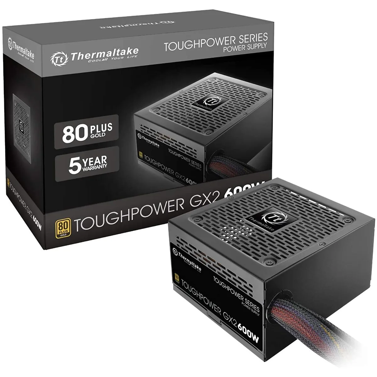 Black rectangular ATX power supply with 120mm fan grille and fixed cables