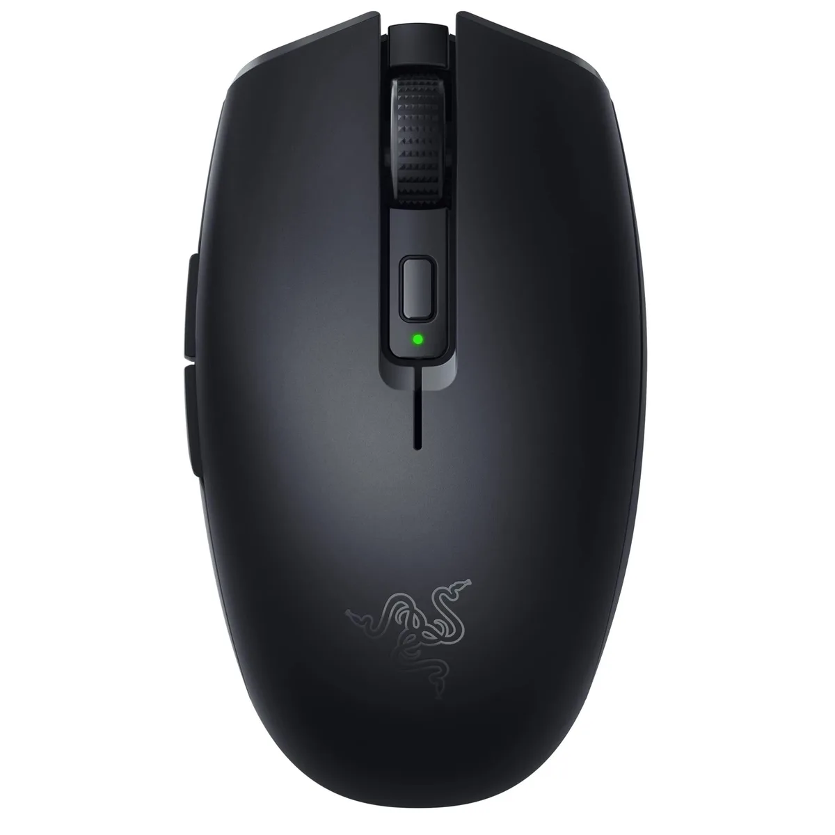 Compact black right-handed wireless gaming mouse with contoured thumb groove and six programmable buttons
