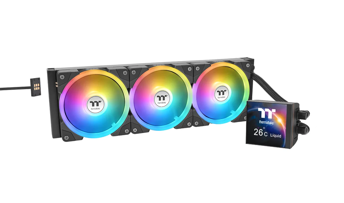 Black AIO liquid cooler with 420mm radiator, three 140mm fans and square LCD pump block
