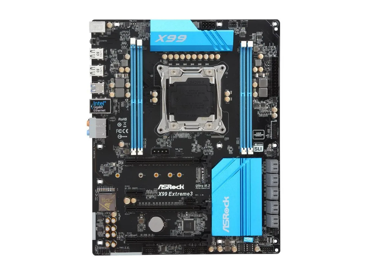 Rectangular ATX motherboard in dark brown and black with silver heatsinks, four DDR4 slots, multiple PCIe slots and rear I/O panel