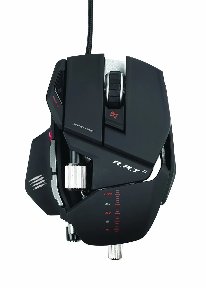 Matte black wired gaming mouse with adjustable palm and pinkie rests, removable weights and gold USB plug