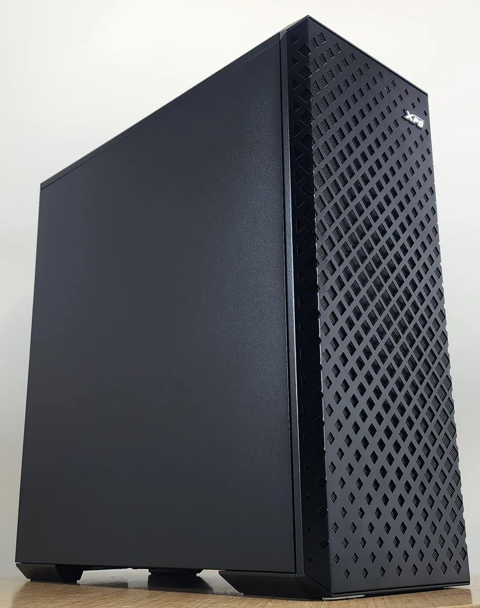 Black mid-tower case with side window showing AIO cooler and graphics card
