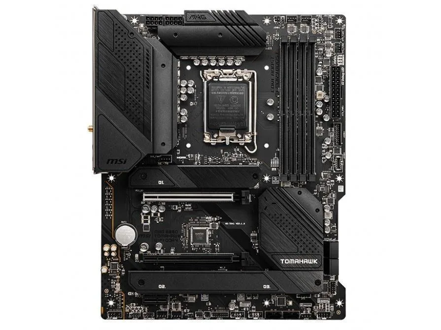Black rectangular ATX motherboard with silver heatsinks and rear I/O shield