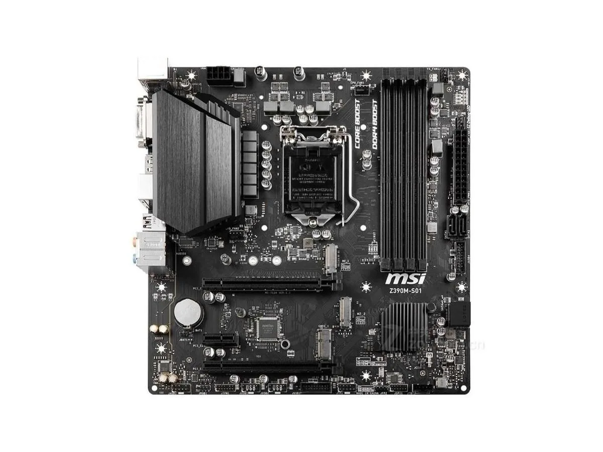 MSI Z390M-S01 Micro ATX motherboard, black PCB with silver heatsinks and multiple expansion slots