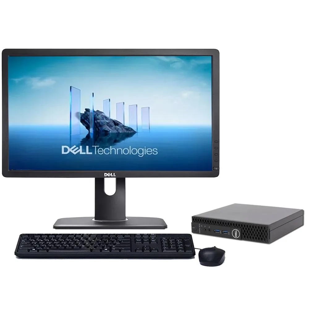 Black micro desktop tower and 22 inch monitor with USB WiFi adapter