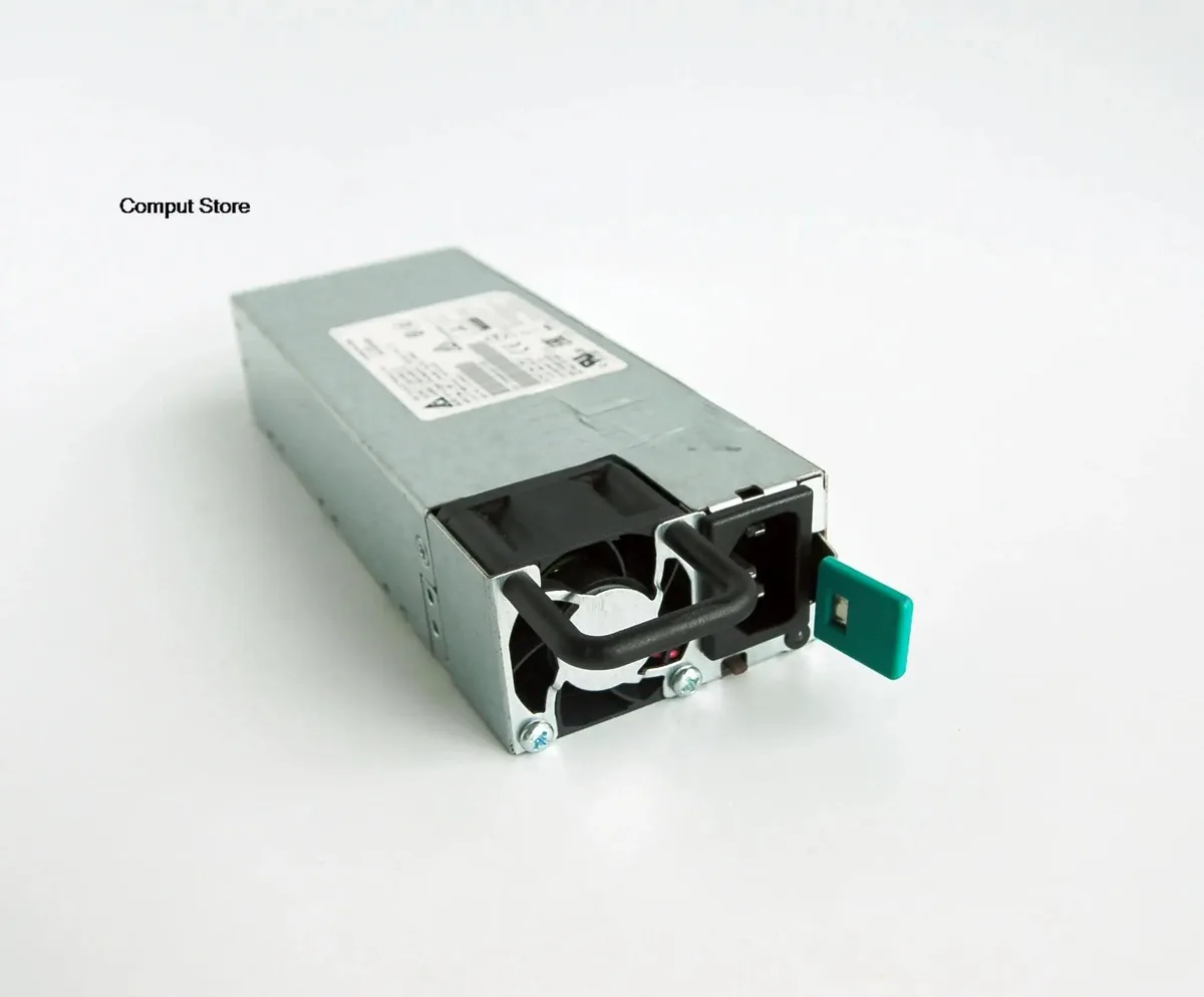 Rectangular metal ATX power supply unit with fan grille and cable bundle