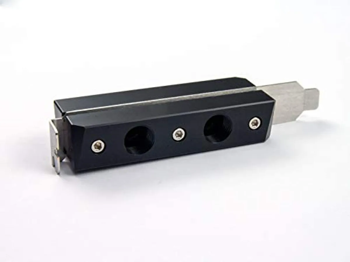 Black PCI slot bracket with four G1/4 threaded ports