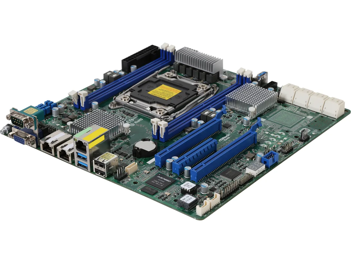 Green micro-ATX server board with LGA 2011 socket, four DDR4 slots, eight SATA ports, dual gigabit LAN, IPMI port