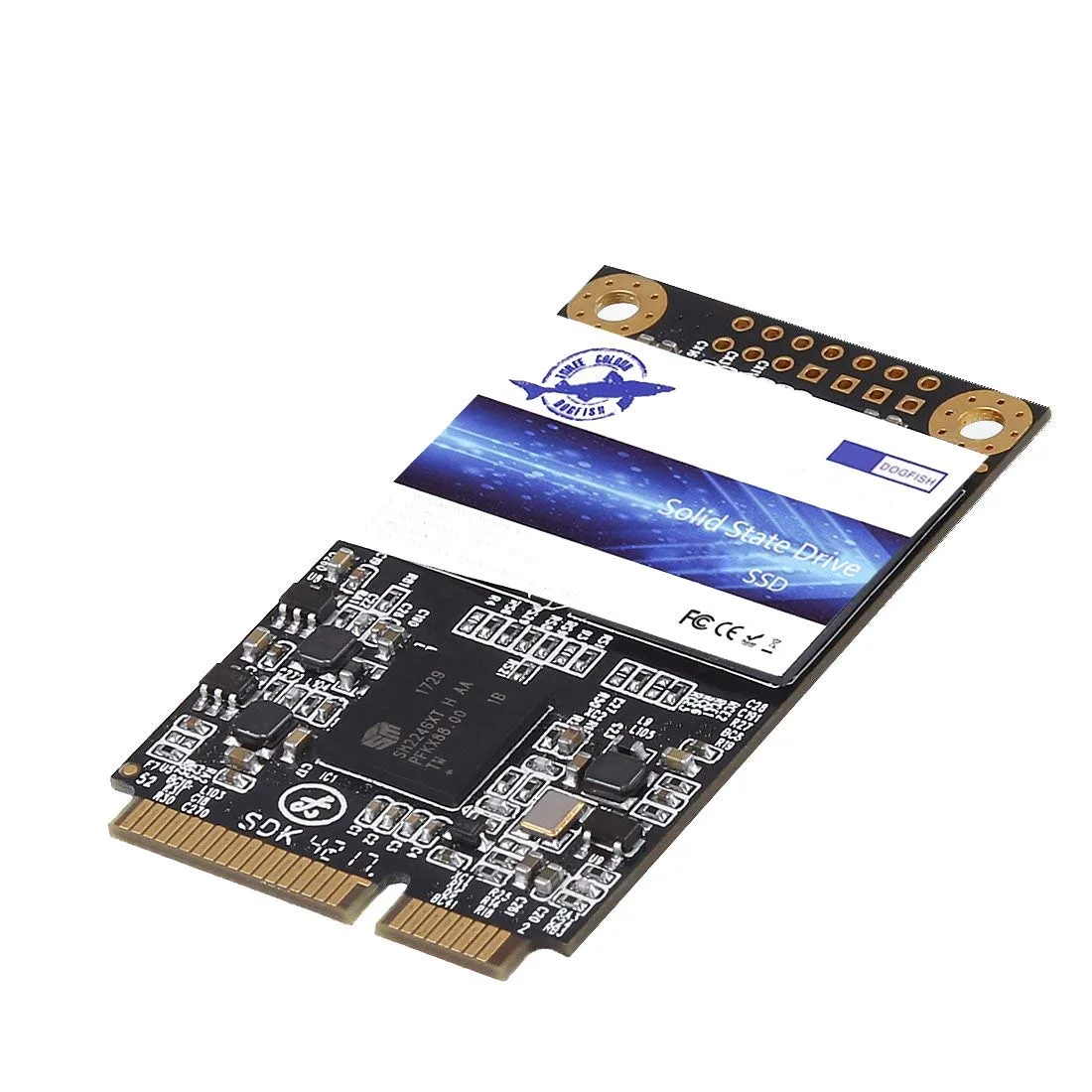 Small rectangular mSATA circuit board with black components and gold edge connector, 30 by 50 millimetres