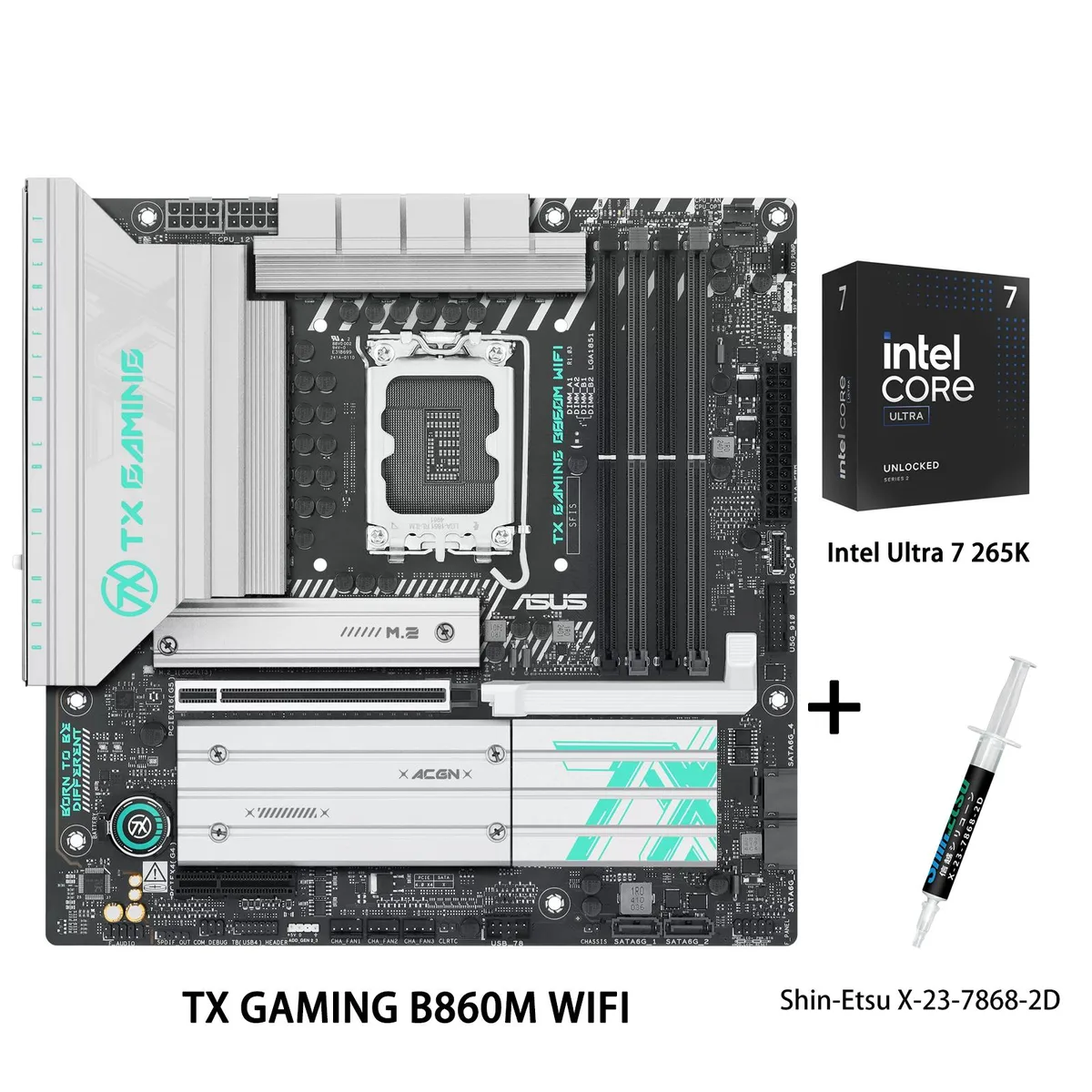ASUS TX GAMING B860M WIFI motherboard mATX board with Intel Ultra 7 265K CPU and Shin-Etsu thermal paste tube