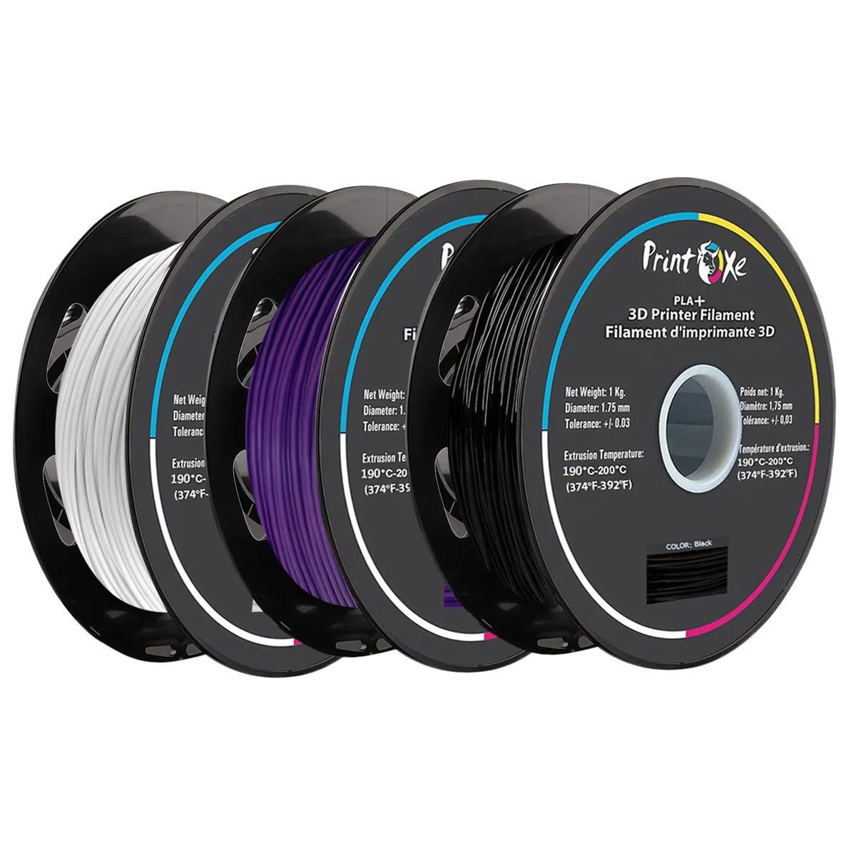 Three vacuum-sealed spools of white purple black filament on cardboard spools