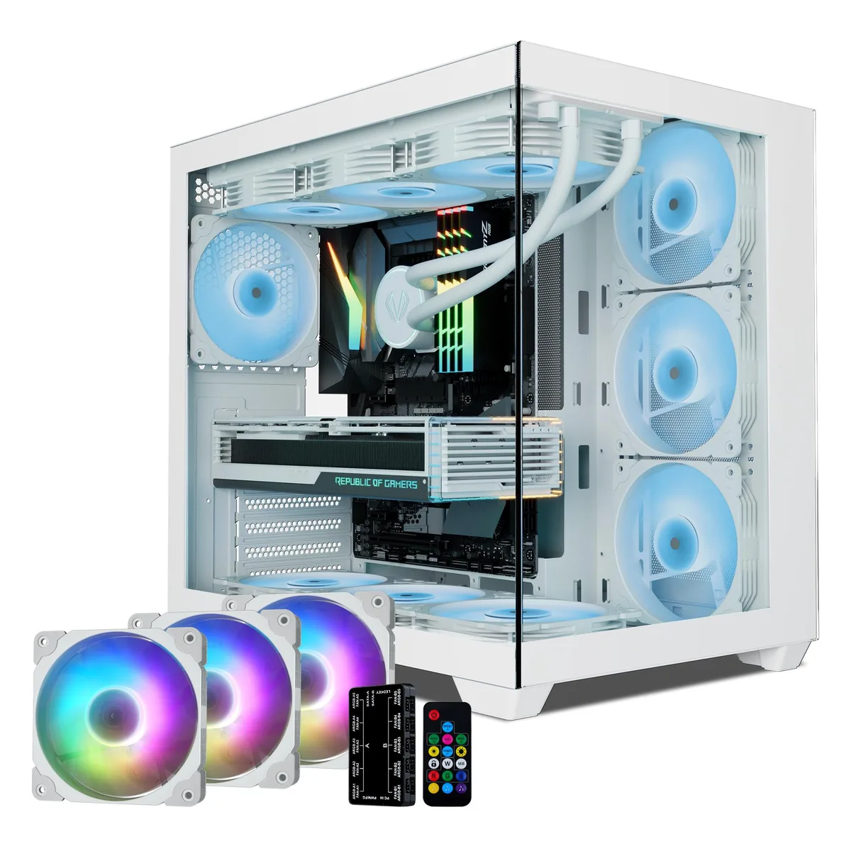 White mid-tower ATX case with 270° tempered glass panels, four ARGB fans visible
