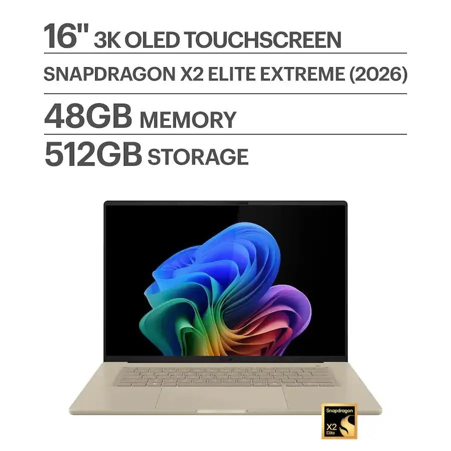 Thin 16 inch beige laptop with 3K OLED touchscreen, 120 Hz display, 90 percent screen to body ratio