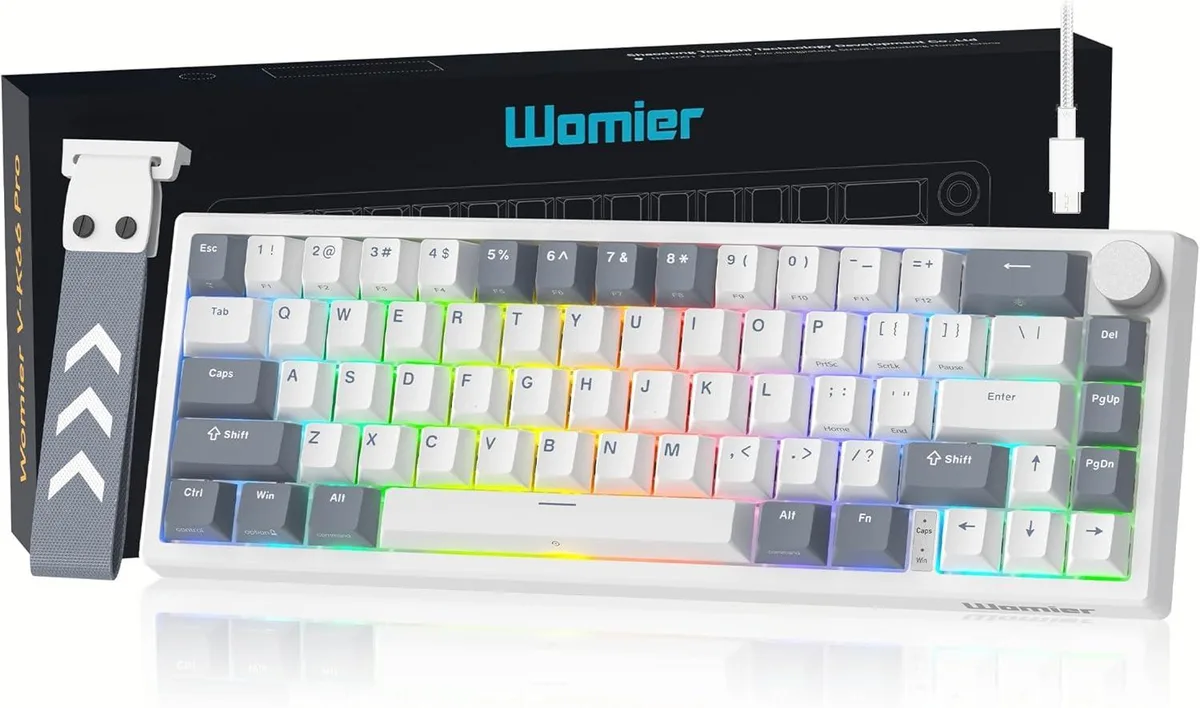 White compact 60% wired keyboard with translucent keycaps and a 6.9-inch device holder