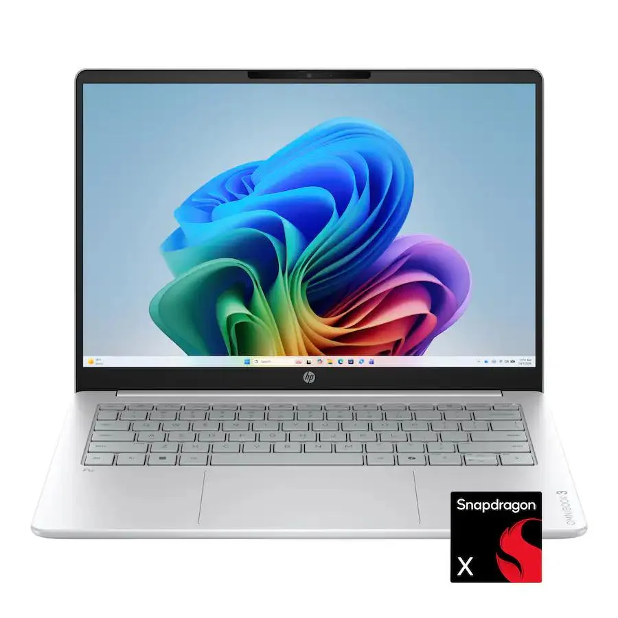 Silver 14-inch touchscreen laptop with compact USB-C charger