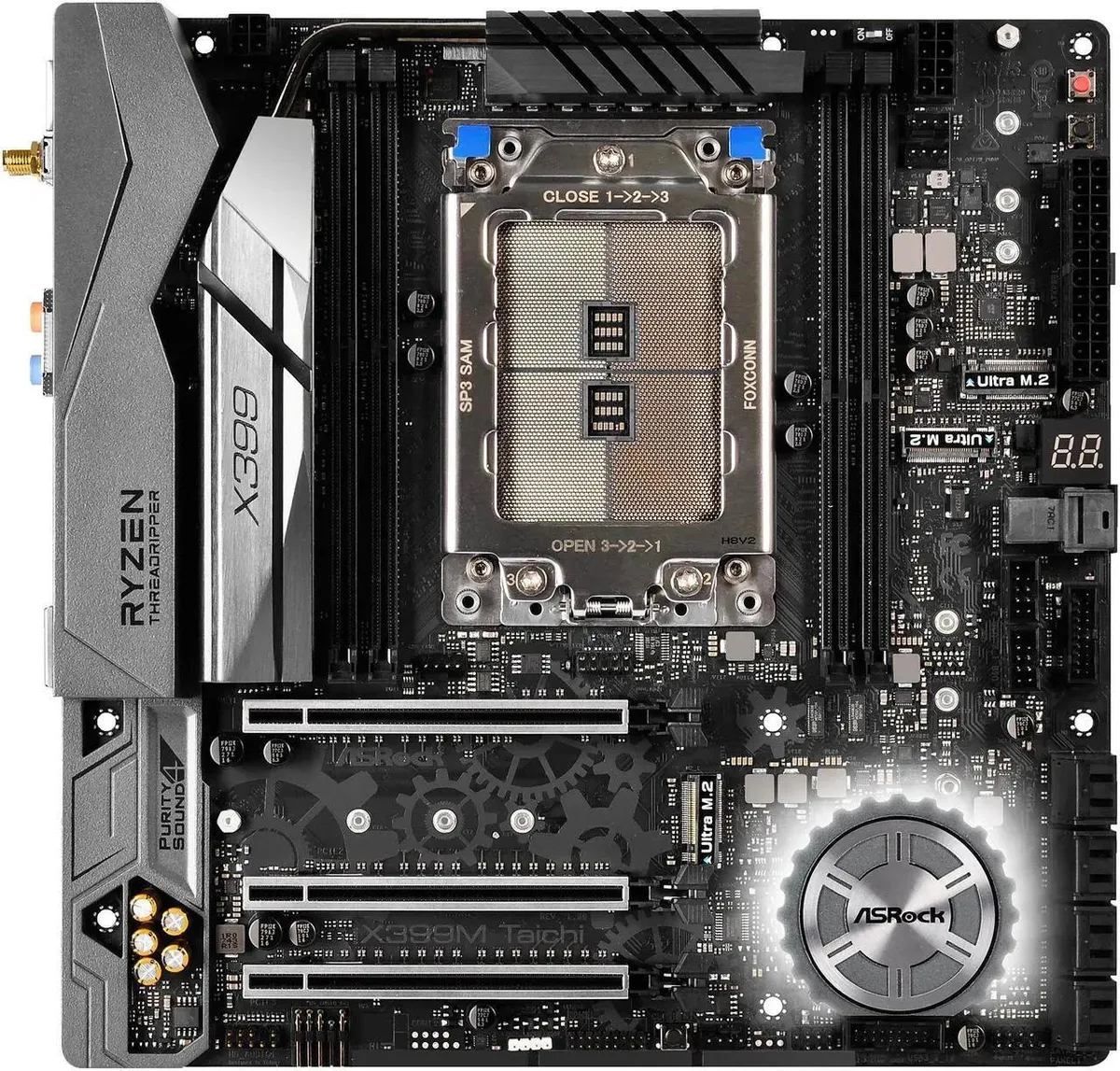 Micro ATX motherboard in black with silver heatsinks and gold PCIe contacts
