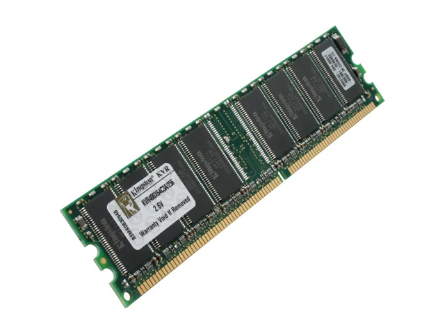 Green rectangular DDR memory module with black chips and gold edge connector
