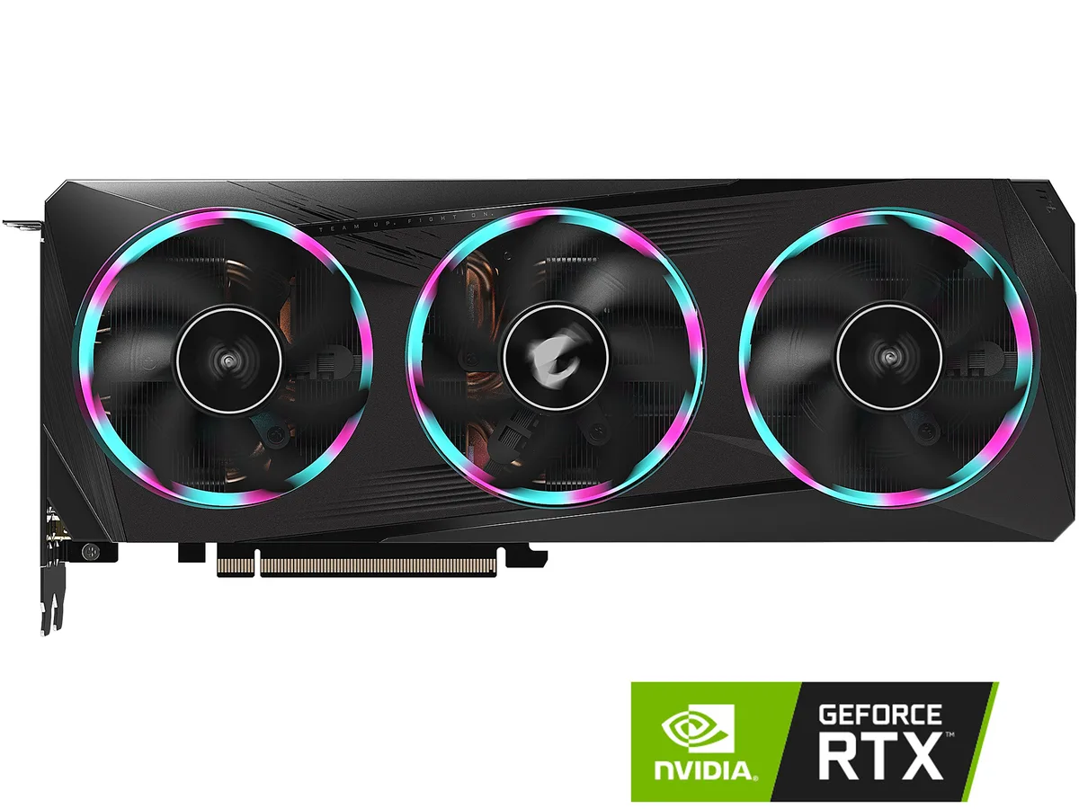 GIGABYTE AORUS RTX 3060 graphics card with three WINDFORCE fans and metal backplate
