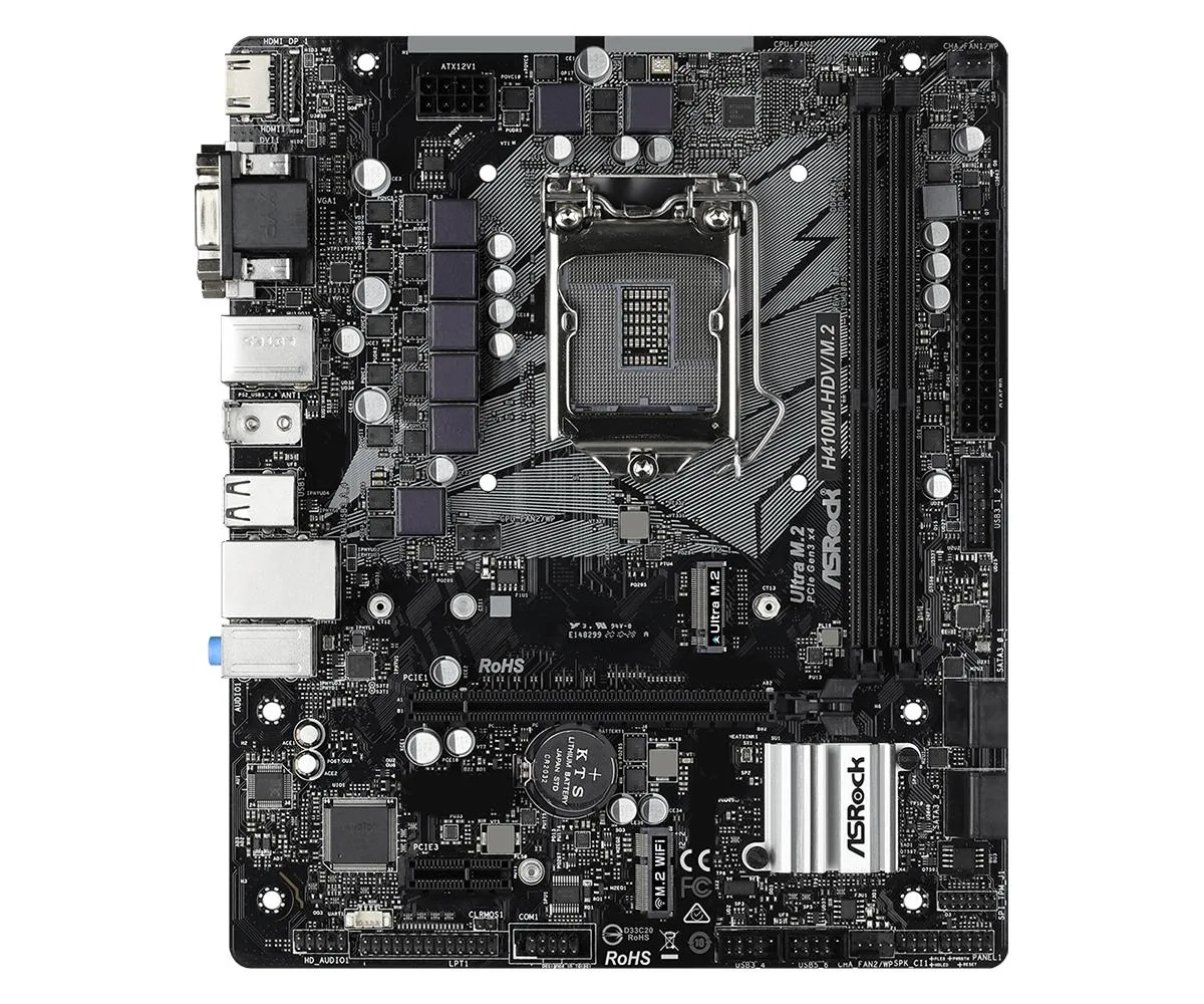 Green Micro-ATX board with silver CPU socket, two black DDR4 slots, blue PCIe x16, white PCIe x1, M.2 slot, four SATA ports