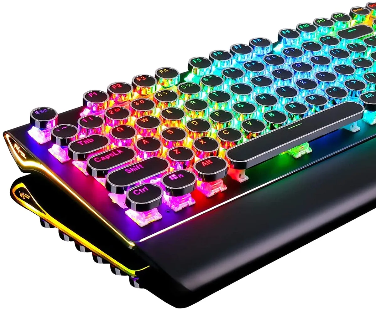 Black full-size mechanical keyboard with round vintage keycaps, aluminium panel, detachable wrist rest, RGB backlighting