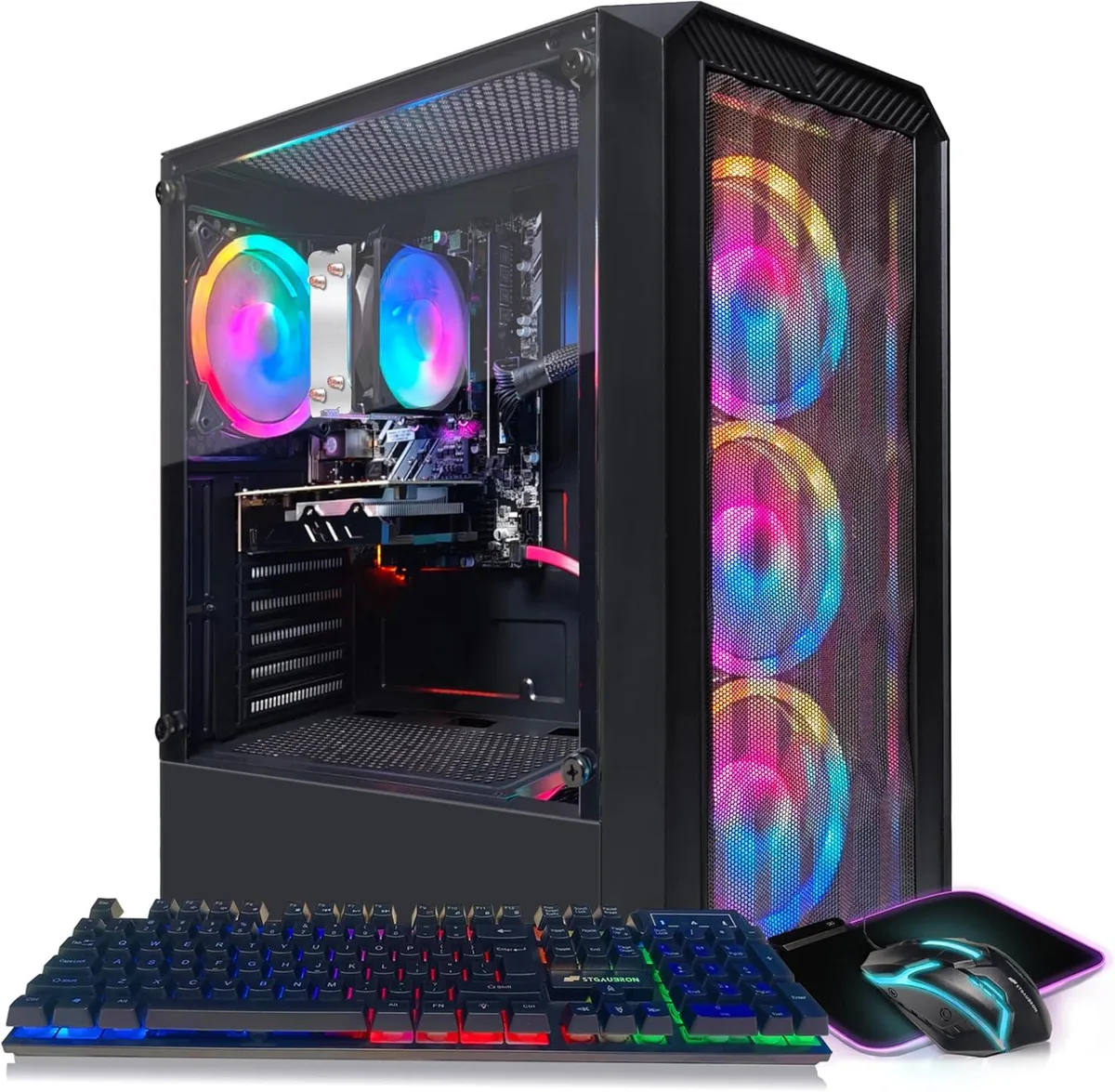 Black tower desktop with four RGB fans visible through side panel