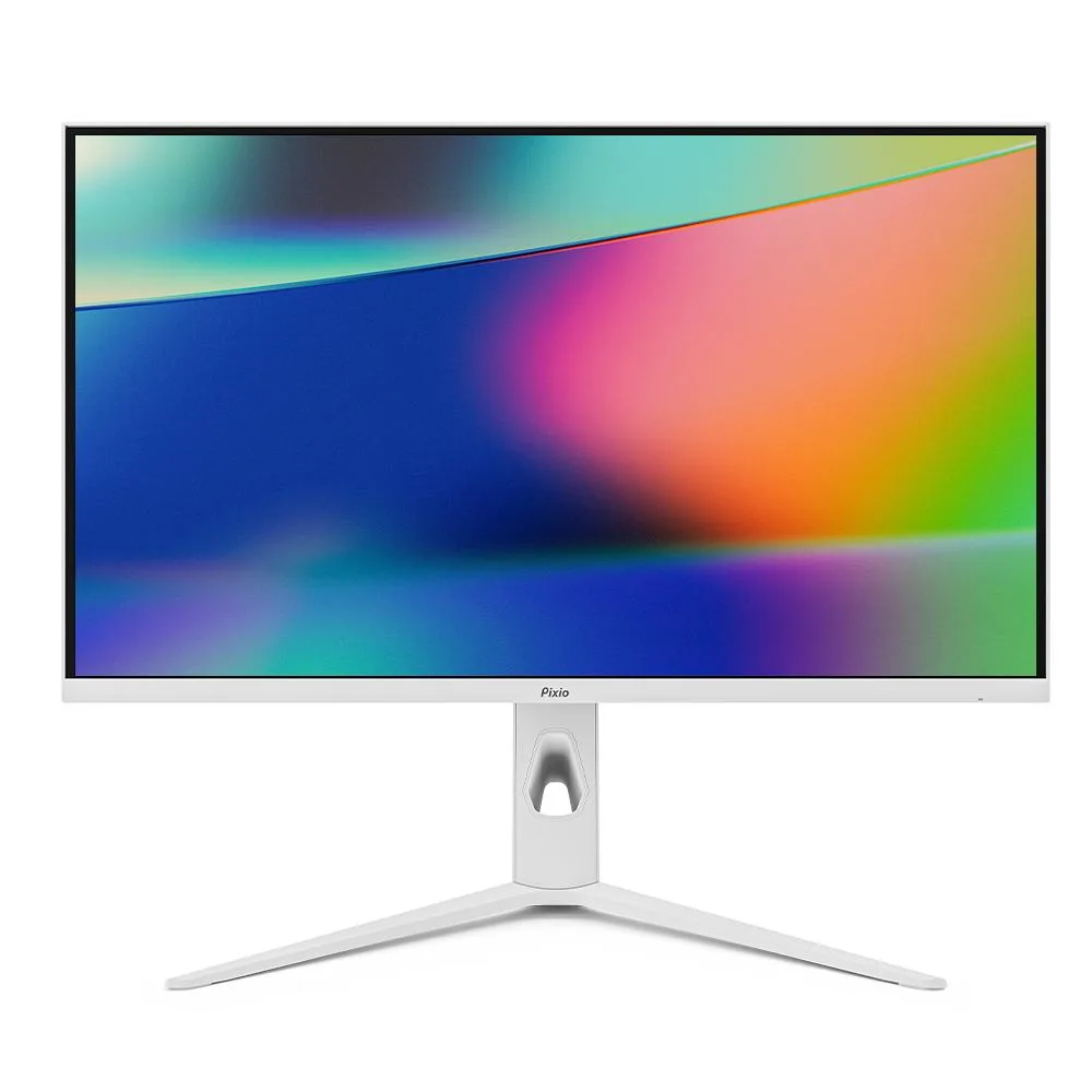 White 27-inch gaming monitor with frameless bezel and adjustable stand