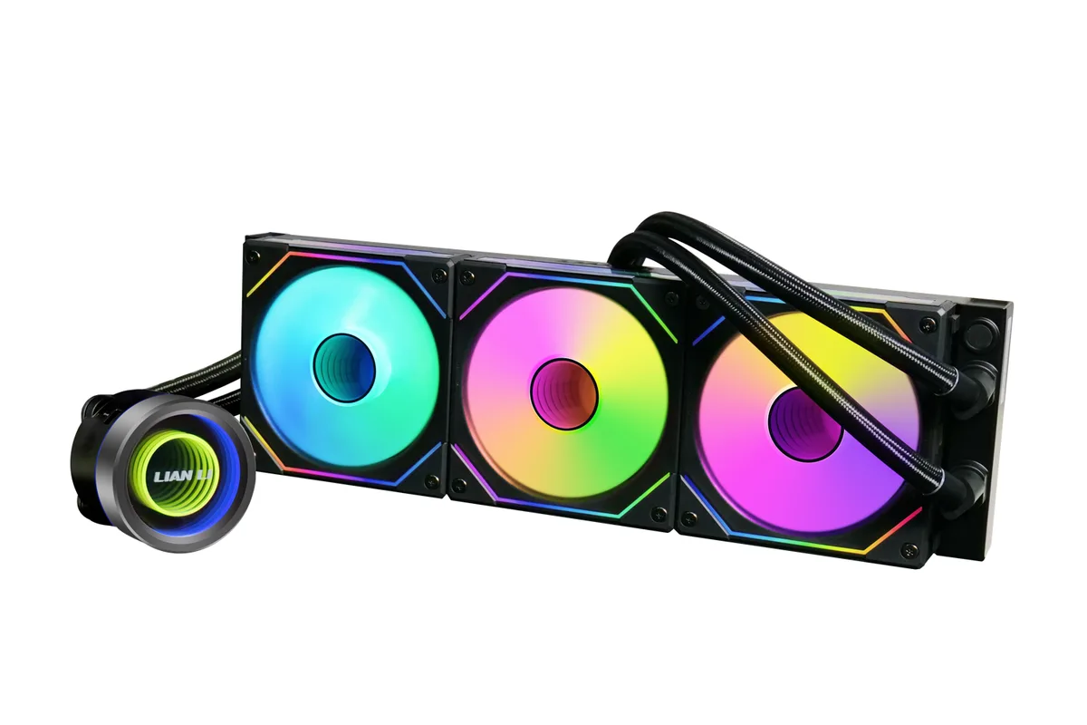 Black 360 mm radiator with three 120 mm ARGB fans and matching pump block