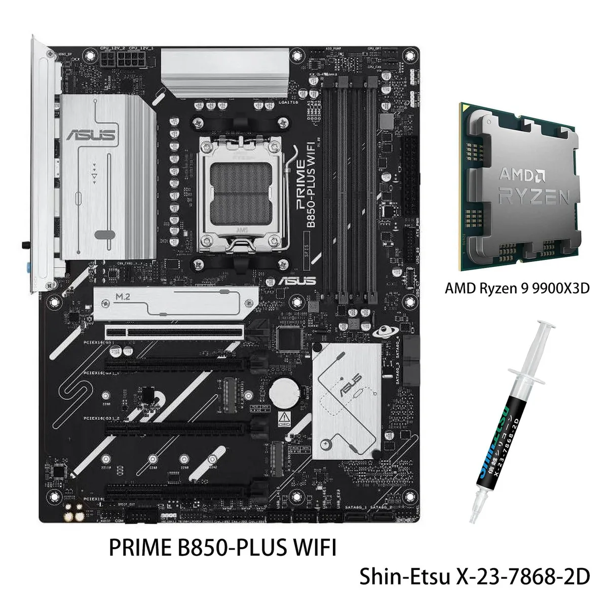 ATX motherboard with CPU installed, silver heatsinks, black PCB