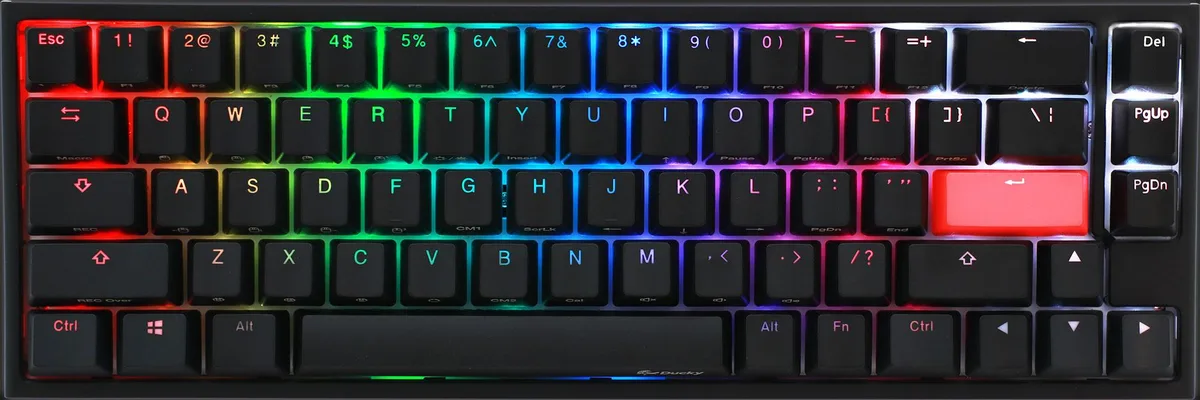 Compact 65 percent mechanical keyboard in black with double shot PBT keycaps and RGB backlighting