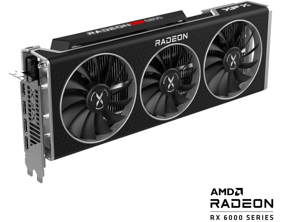 Black triple-fan graphics card with silver accents, full-length PCB and metal backplate