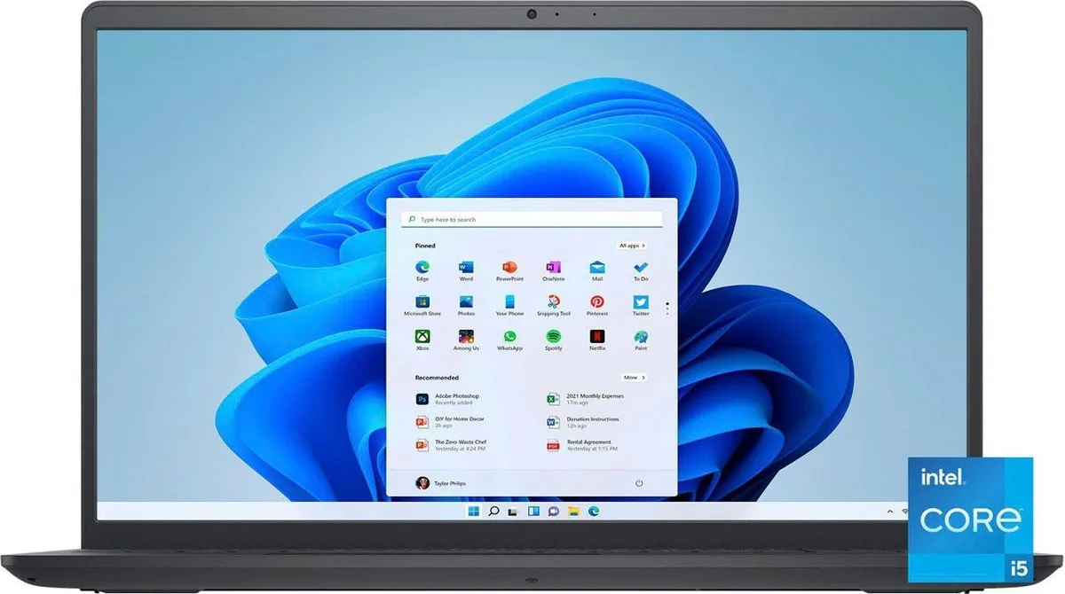Black Dell Inspiron 15 3520 laptop with 15.6 inch anti-glare touchscreen, closed lid view