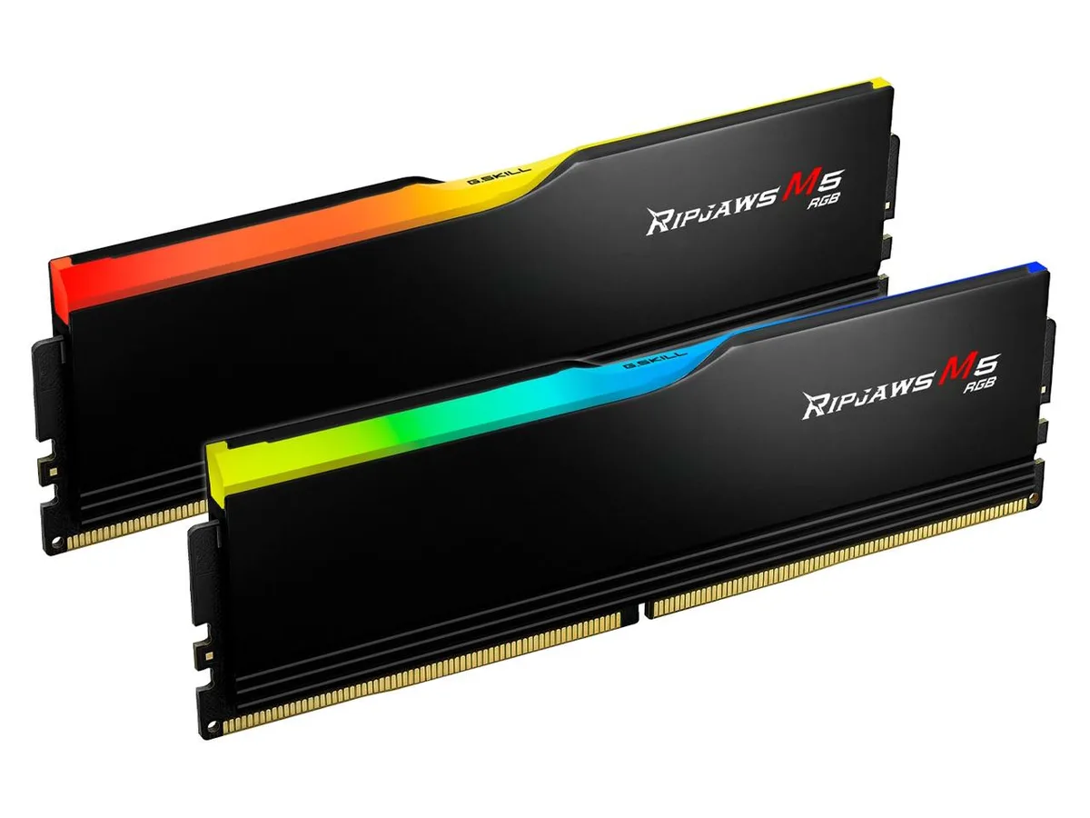 Two matte-black DDR5 modules with RGB light bars, 2x32GB kit