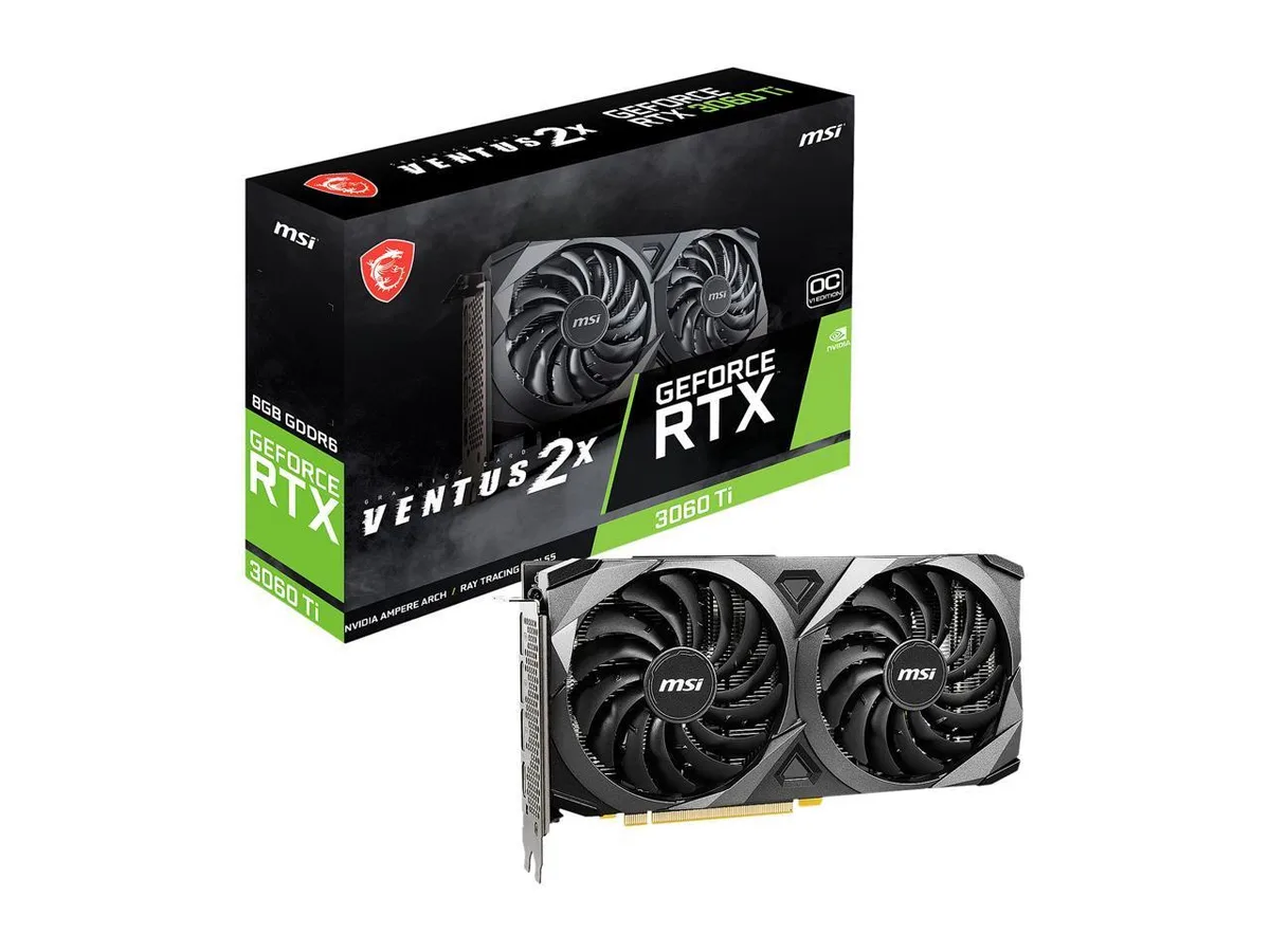 Dual-fan graphics card with silver shroud and black backplate