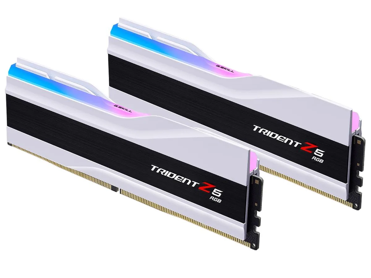 Two matte-white DDR5 DIMMs with RGB light bars