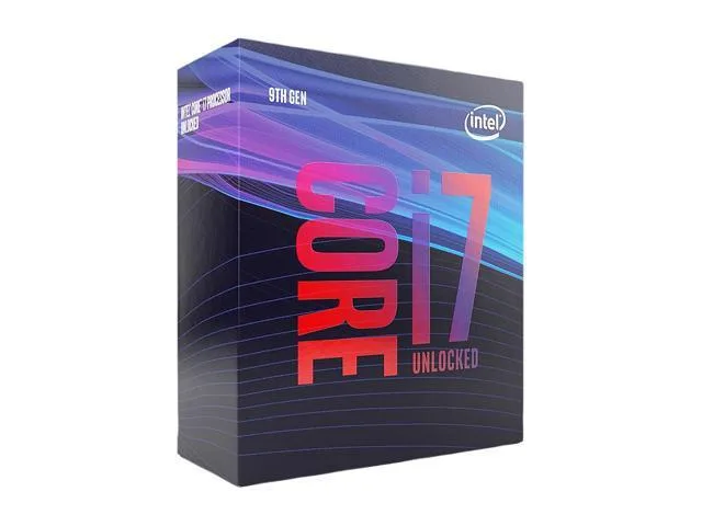 Square green processor with gold contacts and silver heat spreader labelled Core i7-9700K