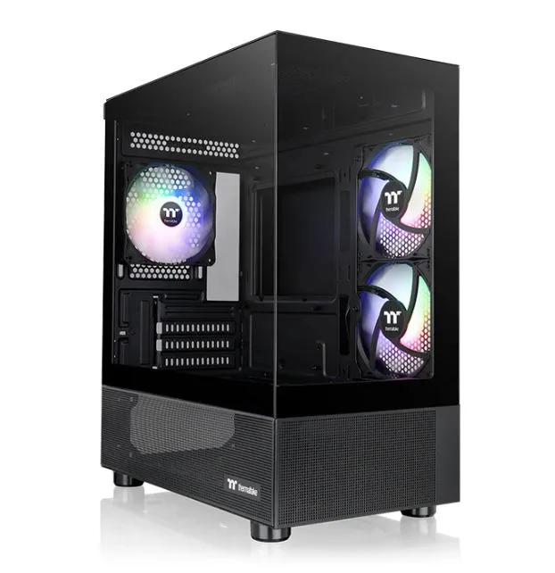 Black micro-ATX case with tempered glass front and side panels, three ARGB fans visible inside