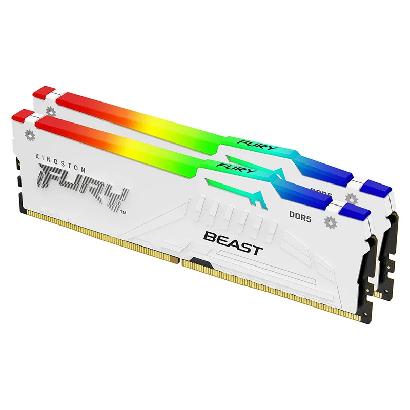 Two white DDR5 memory sticks with RGB lighting, 32GB kit
