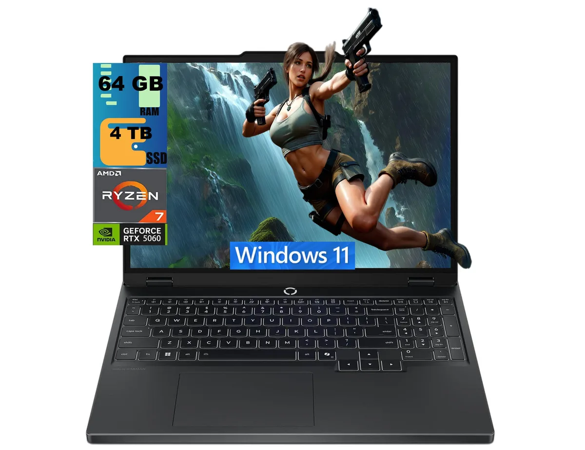 Black 15.1 inch gaming laptop with OLED screen and RGB backlit keyboard